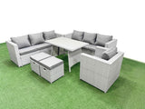 Fimous Outdoor Rattan Garden Furniture Dining Set 9 seater Patio Rectangular Table 3 Seater Sofa Armchair Set with 2 Small Stools