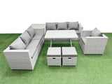 Fimous Outdoor Rattan Garden Furniture Dining Set 9 seater Patio Rectangular Table 3 Seater Sofa Armchair Set with Side Table 2 Small Stools