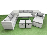 Fimous Outdoor Rattan Garden Furniture Dining Set 10 seater Patio Rectangular Table 3 Seater Sofa Armchair Set with 2 Side Tables 3 Stools