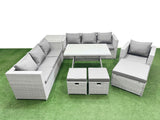 Fimous Outdoor Rattan Garden Furniture Dining Set 10 seater Patio Rectangular Table 3 Seater Sofa Armchair Set with Side Table 3 Stools