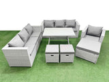 Fimous Outdoor Rattan Garden Furniture Dining Set 10 seater Patio Rectangular Table 3 Seater Sofa Armchair Set with 3 Stools