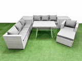 Fimous Outdoor Rattan Garden Furniture Dining Set 8 seater Patio Rectangular Table 3 Seater Sofa Armchair Set with 2 Side Tables Big Stool