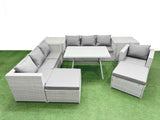 Fimous Outdoor Rattan Garden Furniture Dining Set 9 seater Patio Rectangular Table 3 Seater Sofa Armchair Set with 2 Side Tables 2 Big Stools
