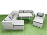Fimous Outdoor Rattan Garden Furniture Dining Set 9 seater Patio Rectangular Table 3 Seater Sofa Armchair Set with Side Table 2 Big Stools