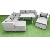 Fimous Outdoor Rattan Garden Furniture Dining Set 9 seater Patio Rectangular Table 3 Seater Sofa Armchair Set with 2 Big Stools