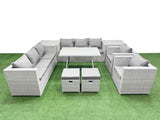 Fimous 10 Seater Garden Furniture Set PE Ratten Garden Sofa Set with Rectangular Dining Table 2 Small Stools 2 Side Tables Light Grey