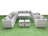 Fimous 10 Seater Garden Furniture Set PE Ratten Garden Sofa Set with Rectangular Dining Table 2 Small Stools Side Table Light Grey