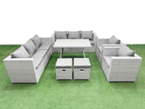 Fimous 10 Seater Garden Furniture Set PE Ratten Garden Sofa Set with Rectangular Dining Table 2 Small Stools Light Grey