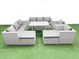 Fimous 10 Seater Garden Furniture Set PE Ratten Garden Sofa Set with Rectangular Dining Table 2 Big Stool Light Grey