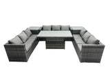 Fimous U Shape Rattan Gardern Furniture Dining Sofa Set Adjustable Rising Dining Table With 2 Side Coffee Table