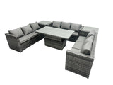 Fimous U Shape Rattan Gardern Furniture Dining Sofa Set Adjustable Rising Dining Table With 2 Side Coffee Table