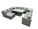 Fimous U Shape Rattan Gardern Furniture Dining Sofa Set Adjustable Rising Dining Table With 2 Side Coffee Table Extra Big Footstool