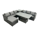 Fimous 7 Seater?Outdoor Rattan Sofa Set Adjustable Rising Lifting Dining Table Side Tea Coffee Table Footstool Dark Grey Mixed