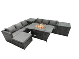 Fimous Rattan Garden Furniture Firepit Dining Set 6 Seater Lounge Sofa Table Set with 2 Side Tables Footstool
