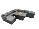 Fimous Rattan Garden Furniture Firepit Dining Set 6 Seater Lounge Sofa Table Set with 2 Side Tables Footstool