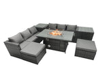 Fimous Rattan Garden Furniture Firepit Dining Set 6 Seater Lounge Sofa Table Set with 2 Side Tables 2 Footstool