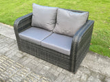 Fimous Wicker PE Rattan Outdoor Garden Furniture Sets Height Adjustable Rising lifting Dining Table Reclining Chair Sofa Set with 2 Side Tables Big Footstool Dark Grey Mixed