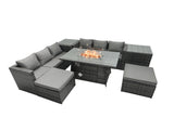 Fimous Rattan Garden Furniture Firepit Dining Set 6 Seater Lounge Sofa Table Set with 2 Side Tables 2 Footstool
