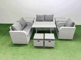 Fimous 7 Seater Outdoor Rattan Garden Furniture Set Love Sofa Reclining Chair Set with Rectangular Dining Table 2 Side Tables 2 Small Footstools Light Grey