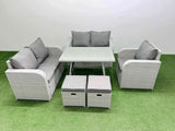 Fimous 7 Seater Outdoor Rattan Garden Furniture Set Love Sofa Reclining Chair Set with Rectangular Dining Table 2 Small Footstools Light Grey