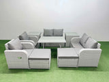 Fimous 8 Seater Rattan Garden Furniture Set Outdoor Love Sofa Set with Rectangular Dining Table 2 Side Tables 2 Big Footstools Light Grey