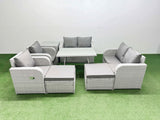 Fimous 8 Seater Rattan Garden Furniture Set Outdoor Love Sofa Set with Rectangular Dining Table Side Table 2 Big Footstools Light Grey
