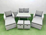 Fimous Rattan Garden Furniture Dining Set 8 seater Patio Rectangular Table Sofa Set with Side Table 4 Stools Light Grey