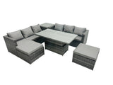 Fimous Rattan Dining Table Sofa Set with Side Table 2 Stools Outdoor 8 Seat Garden Furniture Set Dark Grey Mixed