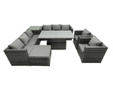 Fimous 9 Seater?Outdoor Rattan Garden Furniture Adjustable Rising Lifting Table With Side Table Chairs Footstool Dark Grey Mixed