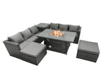 Fimous Rattan Garden Furniture Firepit Dining Set 6 Seater Lounge Sofa Table Set with Side Tables 2 Footstool