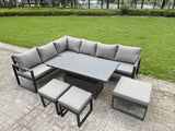 Fimous Aluminium Adjustable Rising Lifting Dining Table Sofa Set 9 Seat Aluminium Garden Furniture Sets with 3 Footstools Dark Grey