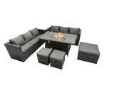 Fimous Rattan Garden Furniture Firepit Dining Set 6 Seater Lounge Sofa Table Set with 3 Footstool