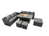 Fimous Rattan Garden Furniture Firepit Dining Set 6 Seater Lounge Sofa Table Set with 3 Footstool