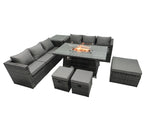 Fimous Rattan Garden Furniture Firepit Dining Set 6 Seater Lounge Sofa Table Set with Side Table 3 Footstool