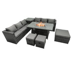 Fimous Rattan Garden Furniture Firepit Dining Set 6 Seater Lounge Sofa Table Set with Side Table 3 Footstool