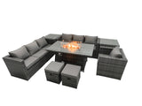 Fimous Rattan Garden Furniture Firepit Dining Set 6 Seater Lounge Sofa Table Set with 2 Side Table 2 Footstool