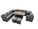 Fimous Rattan Garden Furniture Firepit Dining Set 6 Seater Lounge Sofa Table Set with 2 Side Table 2 Footstool