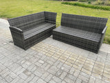 Fimous Rattan Garden Furniture Corner Sofa Set with Oblong Dining Table 2 Small Footstools 2 Armchairs Outdoor Wicker Rattan Set Dark Grey Mixed