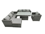 Fimous 8 Seater?Outdoor Rattan Sofa Set Adjustable Rising Lifting Dining Table Side Coffee Table Chairs Footstool Dark Grey Mixed