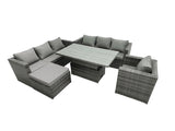 Fimous 8 Seater?Outdoor Rattan Sofa Set Adjustable Rising Lifting Dining Table Side Coffee Table Chairs Footstool Dark Grey Mixed