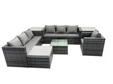 Fimous Rattan Garden Furniture Dining Set 8 seater Patio Coffee Table Sofa Set with 2 Side Tables Big Stool Dark Grey Mixed