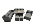 Fimous Rattan Garden Furniture Firepit Dining Set 7 Seater Lounge Sofa Table Set with 3 Footstool