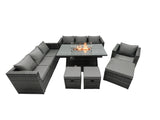 Fimous Rattan Garden Furniture Firepit Dining Set 7 Seater Lounge Sofa Table Set with 3 Footstool