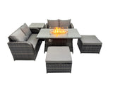 Fimous 6 seater Patio Gas Firpit Dining Table Sofa Sets Rattan Garden Furniture Dining Set with 2 Big Stools Side Tables Dark Grey Mixed