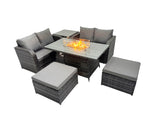 Fimous 6 seater Patio Gas Firpit Dining Table Sofa Sets Rattan Garden Furniture Dining Set with 2 Big Stools Side Tables Dark Grey Mixed