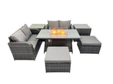 Fimous 6 seater Patio Gas Firpit Dining Table Sofa Sets Rattan Garden Furniture Dining Set with 2 Big Stools 2 Side Tables Dark Grey Mixed