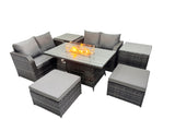 Fimous 6 seater Patio Gas Firpit Dining Table Sofa Sets Rattan Garden Furniture Dining Set with 2 Big Stools 2 Side Tables Dark Grey Mixed