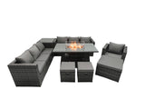 Fimous Rattan Garden Furniture Firepit Dining Set 7 Seater Lounge Sofa Table Set with side table 3 Footstool