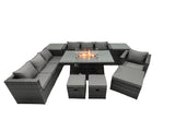 Fimous Rattan Garden Furniture Firepit Dining Set 10 Seater Lounge Sofa Table Set with 2 side table 3 Footstool