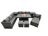 Fimous Rattan Garden Furniture Firepit Dining Set 10 Seater Lounge Sofa Table Set with 2 side table 3 Footstool